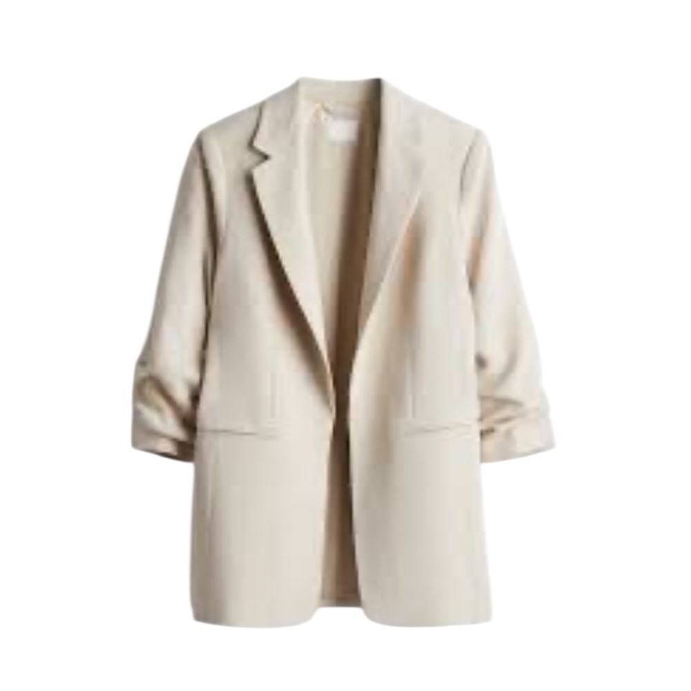 H&M Gathered 3/4 Sleeve Jacket - Woven Viscose Blend - Light Beige - Women's XL